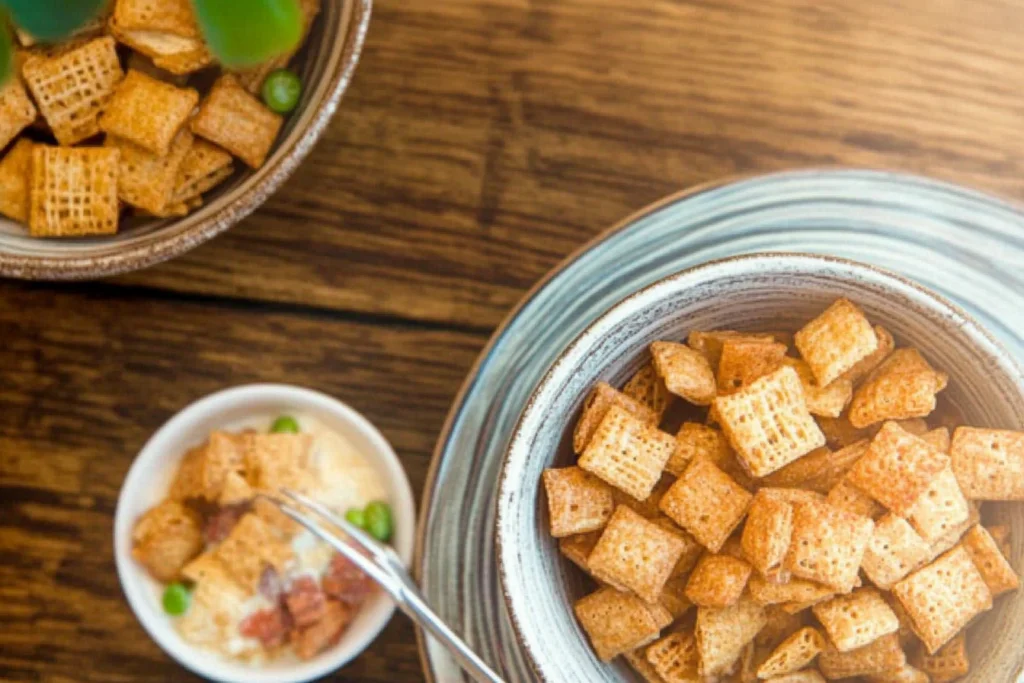 "Close-up image of soggy Chex Mix with uneven coating, showing soft and moist cereal pieces alongside pretzels and nuts."