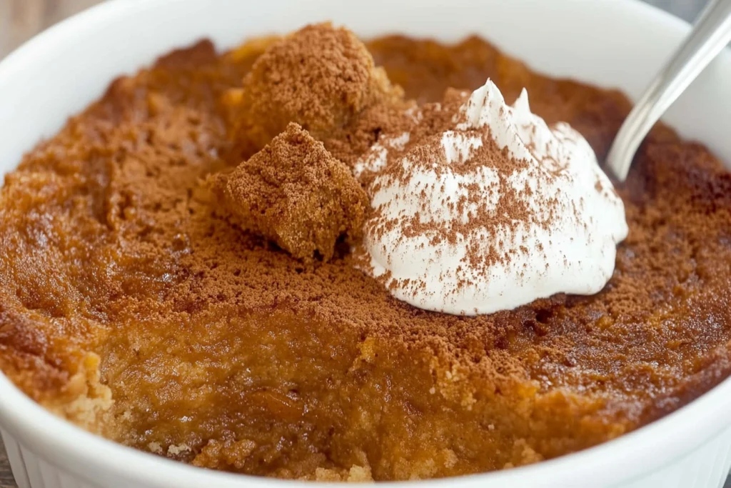 "A freshly baked golden-brown dump cake served in a baking dish with a scoop missing, revealing a moist and fruity interior."