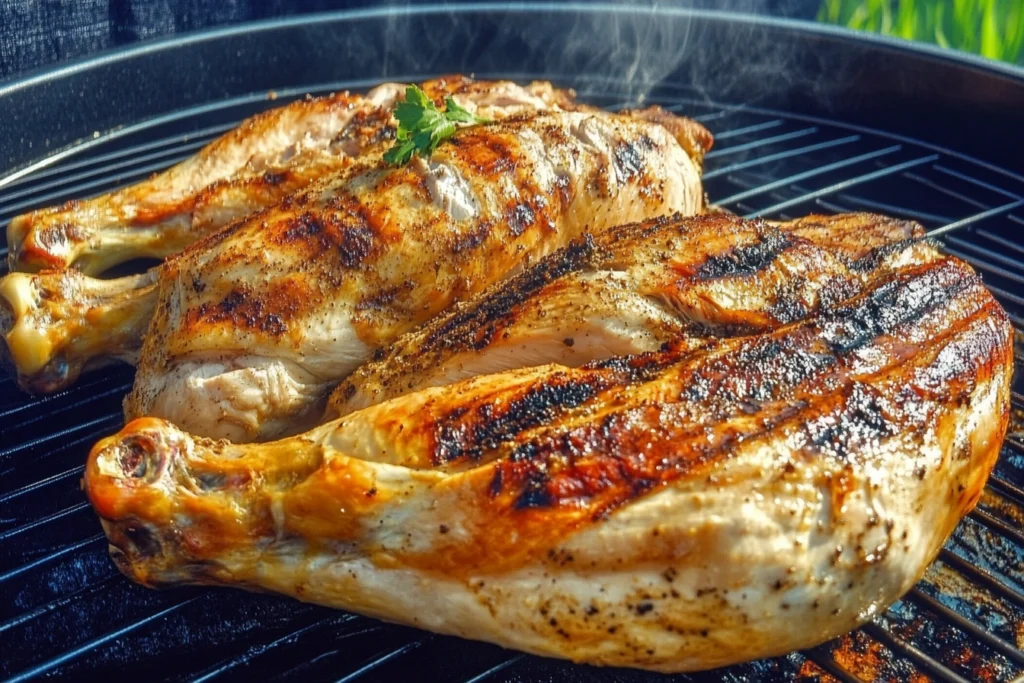 A perfectly roasted rotisserie chicken placed on a wooden cutting board, glistening with juices and surrounded by fresh herbs like rosemary and thyme, with a knife and fork ready for serving.