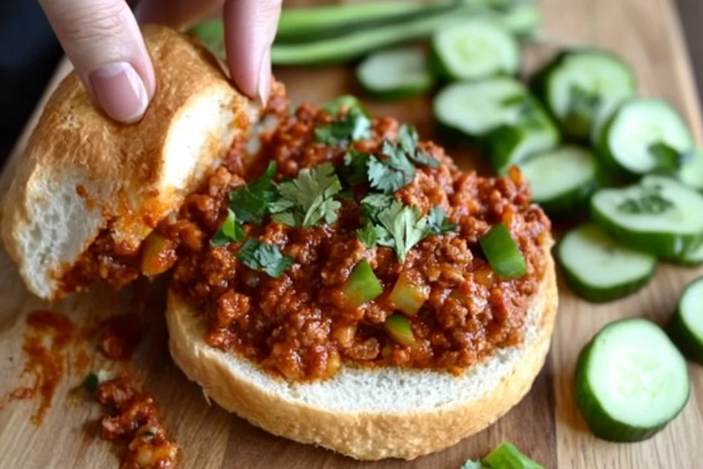 A close-up image of a Sloppy Joe sandwich, featuring a toasted brioche bun filled with rich, saucy ground beef, topped with melted cheddar cheese and crispy fried onions, served on a wooden plate with a side of pickles and chips."