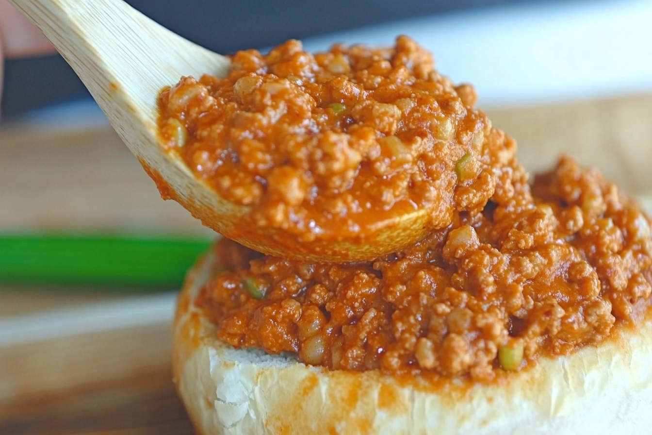"A close-up of a classic Sloppy Joe sandwich with ground beef in a tangy tomato sauce, served on a soft bun with a side of crispy golden fries."