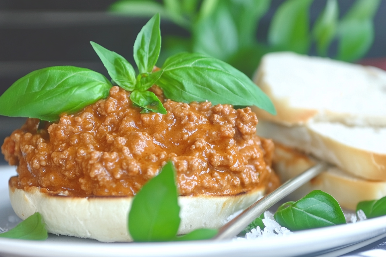 A bowl of homemade sloppy joe sauce made with tomatoes, onions, and spices, placed on a wooden kitchen counter.
