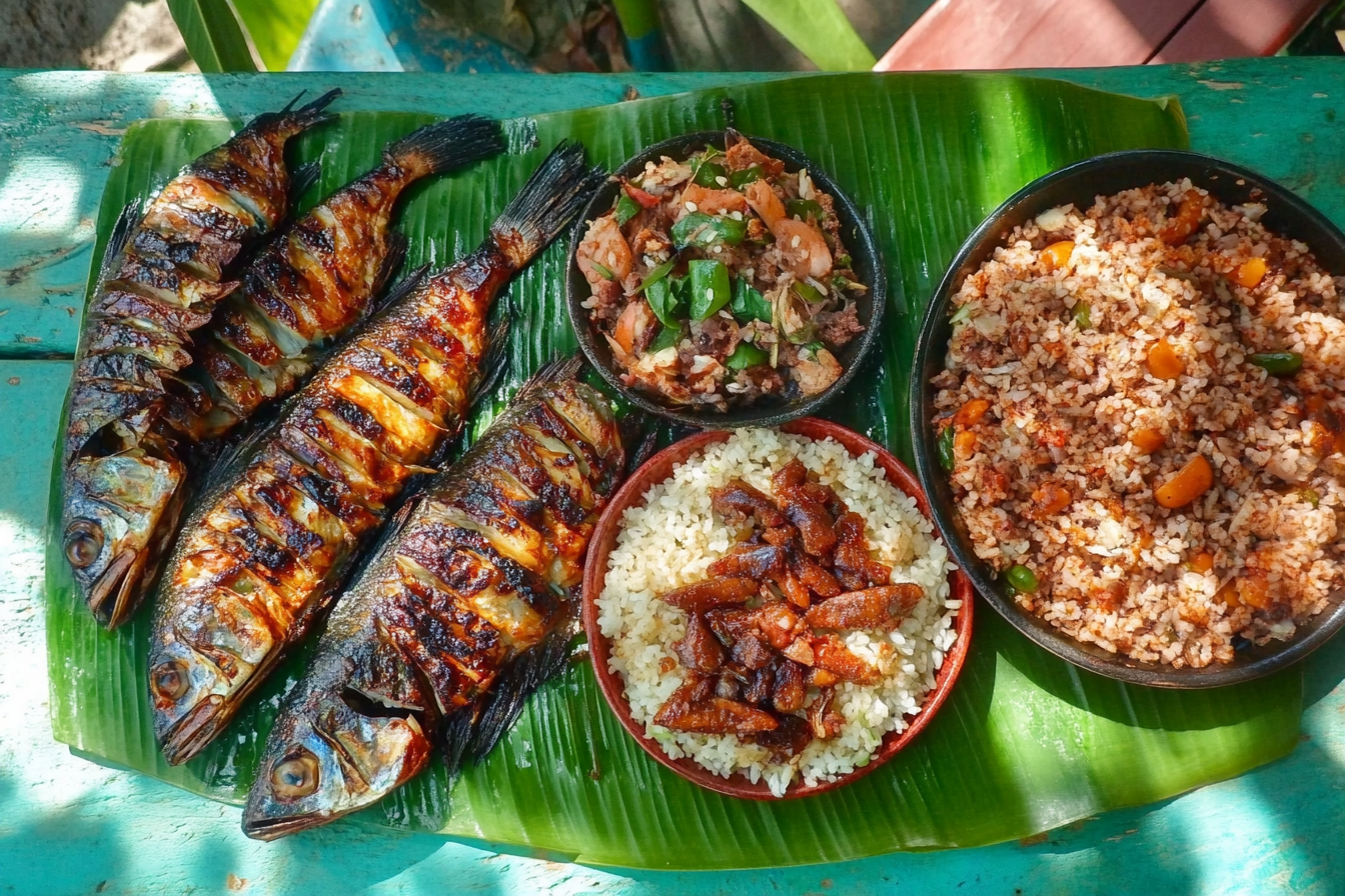 A vibrant spread of traditional Filipino dishes including pancit, adobo, and lumpia, served on a festive table."