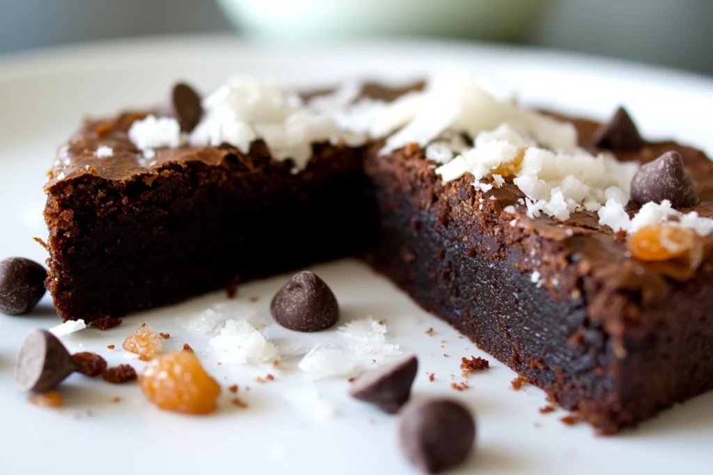 "Freshly baked coconut oil brownies topped with caramel swirls, chopped nuts, and shredded coconut."