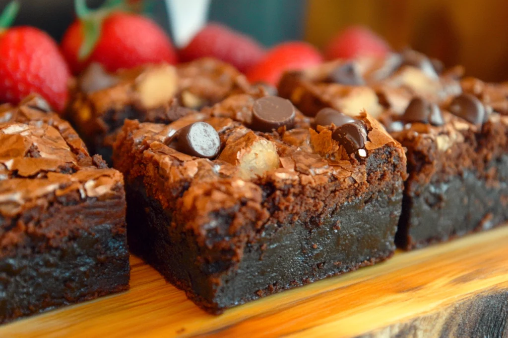 Alt Text: "A close-up of freshly baked date fudge brownies topped with melted chocolate chips, arranged on a wooden board."