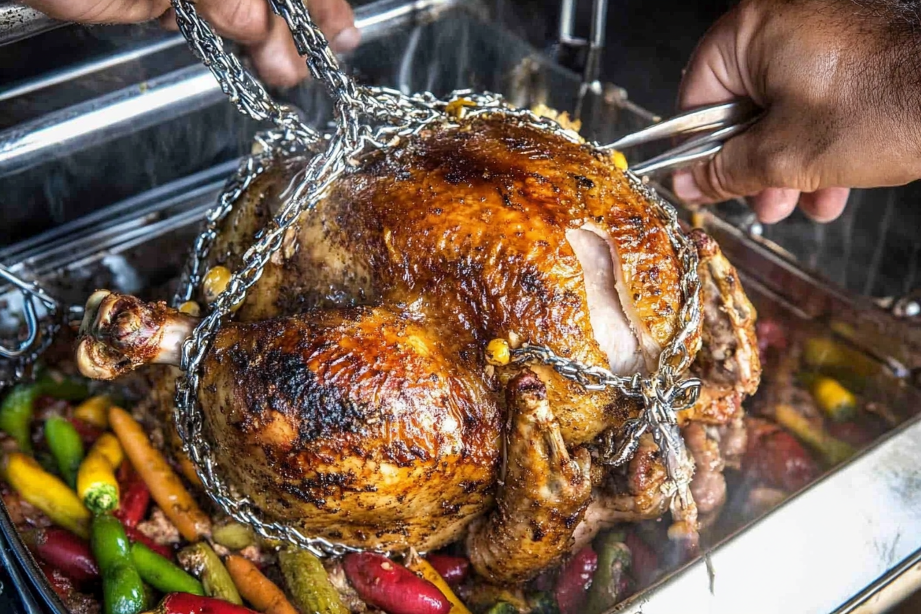 A beautifully roasted rotisserie chicken with crispy, golden-brown skin, surrounded by fresh herbs and spices, showcasing the secret ingredients that enhance its flavor and juiciness."