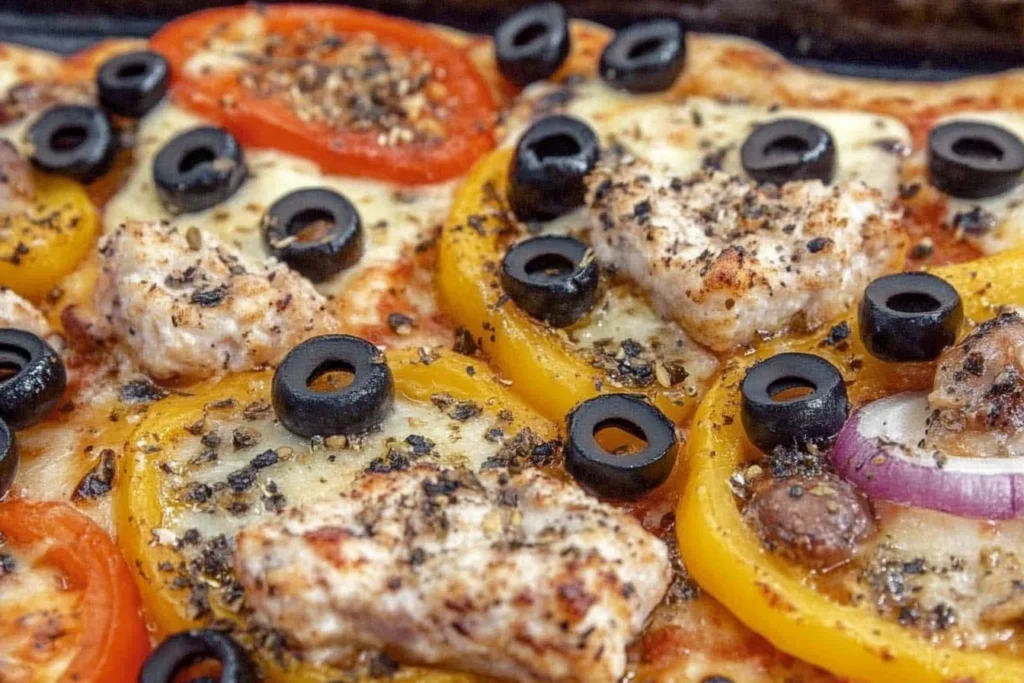 "Freshly baked Paneer Tikka Pizza topped with grilled paneer, colorful bell peppers, onions, melted cheese, and garnished with cilantro and chili flakes, served on a rustic wooden board."