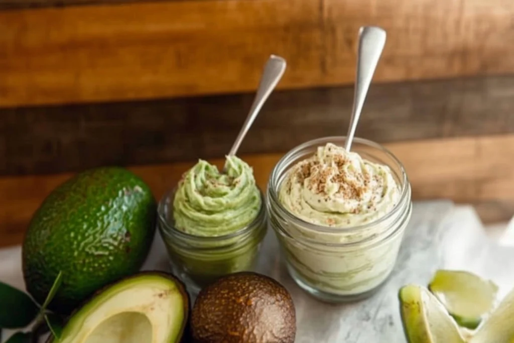 Creamy avocado spread with herbs, bread slices, and lemon garnish.