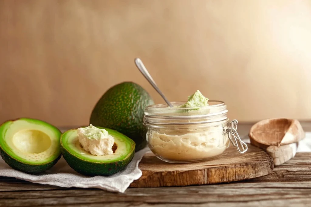 Creamy avocado spread with herbs, bread slices, and lemon garnish.1