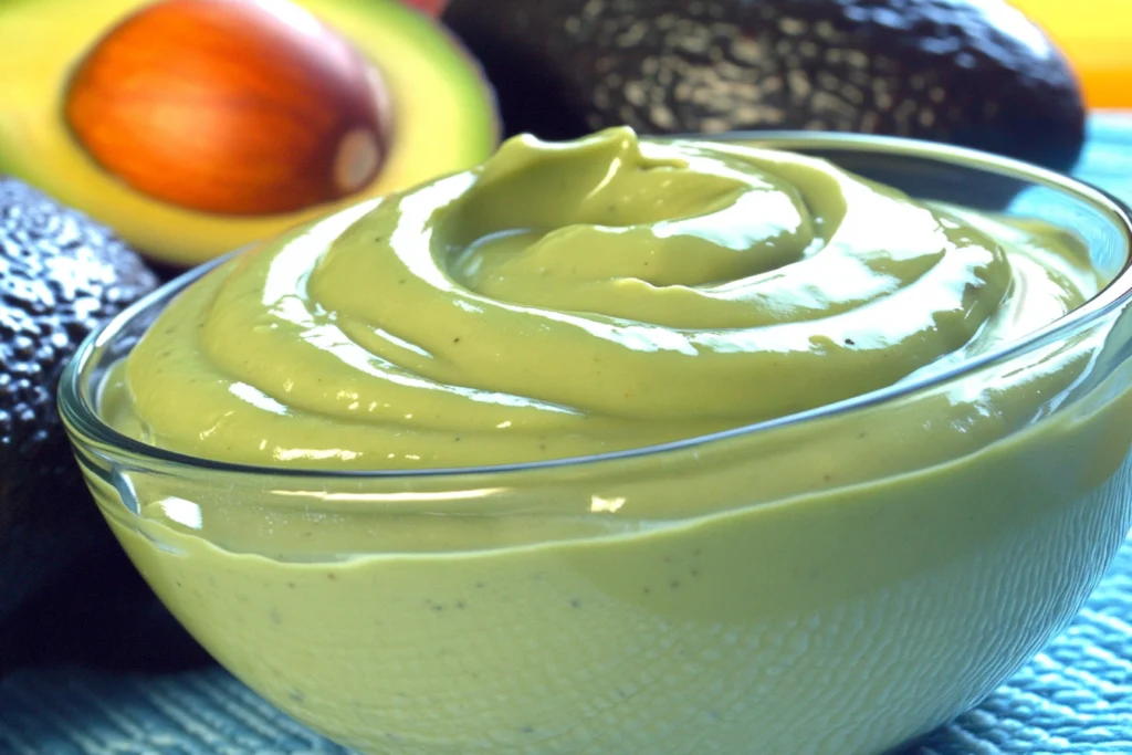Creamy avocado spread with herbs, bread slices, and lemon garnish.3