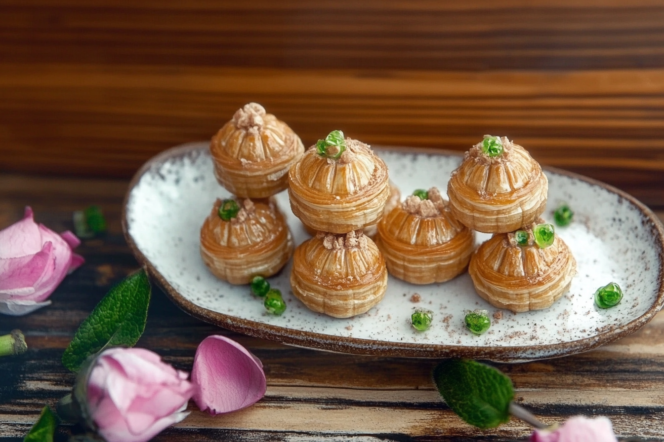 A close-up view of freshly baked baklava, featuring golden-brown layers of flaky phyllo dough,
