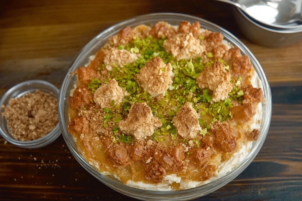A close-up view of freshly baked baklava, featuring golden-brown layers of flaky phyllo dough,2
