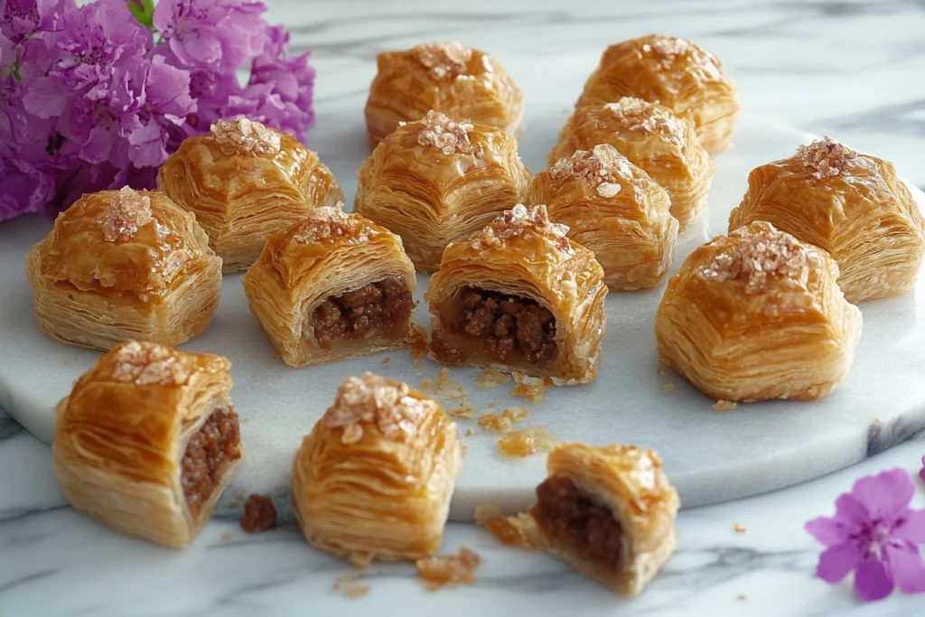 "A close-up of traditional baklava, showcasing its golden, flaky phyllo layers, filled with crushed pistachios