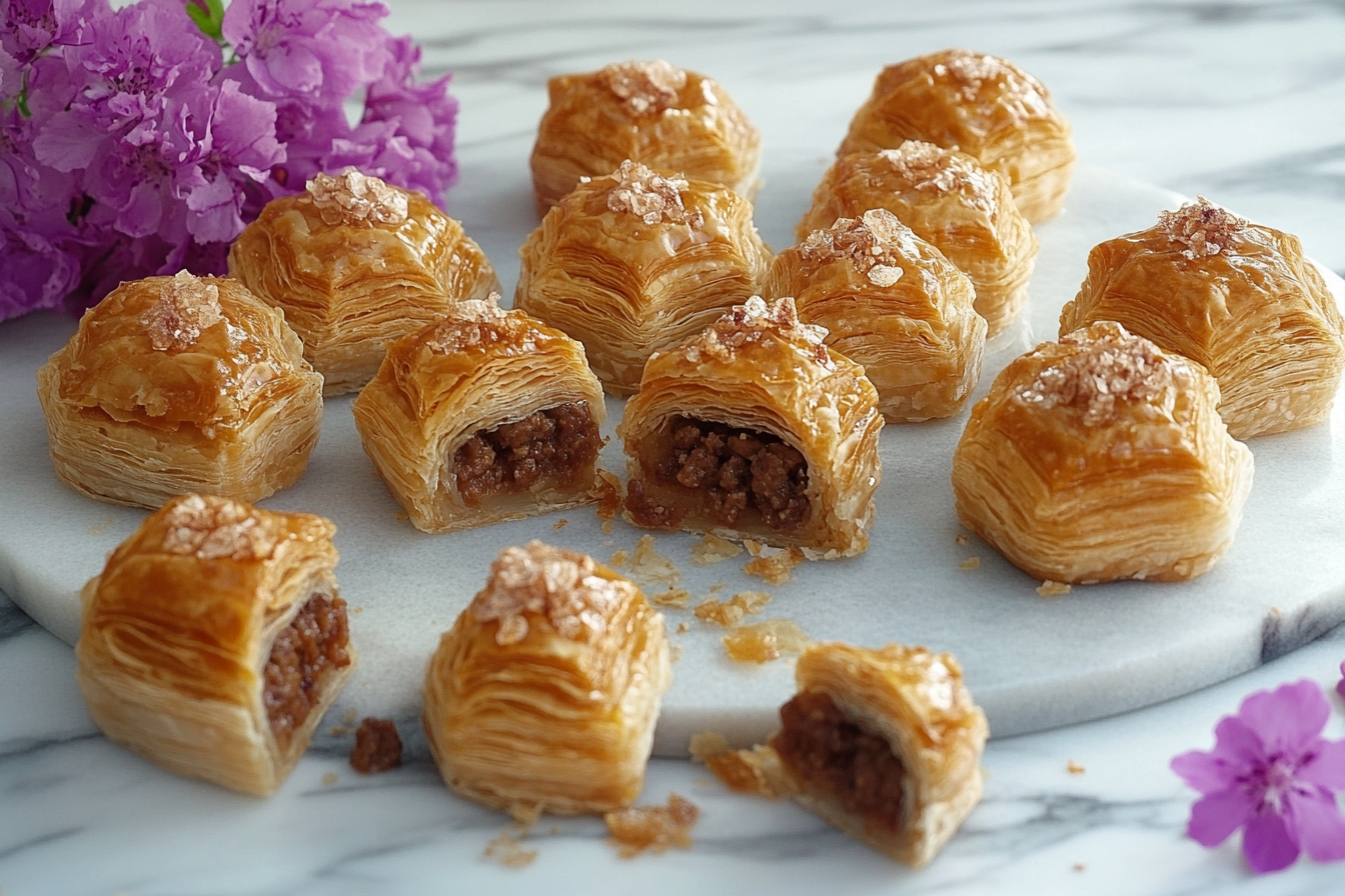 "A close-up of traditional baklava, showcasing its golden, flaky phyllo layers, filled with crushed pistachios