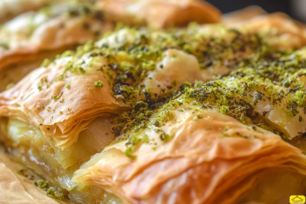 "A close-up of traditional baklava, showcasing its golden, flaky phyllo layers, filled with crushed pistachios3