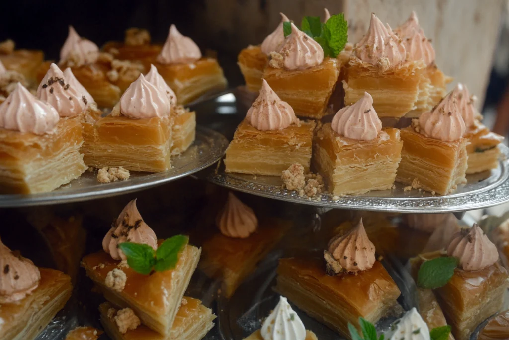 "A close-up of traditional baklava, showcasing its golden, flaky phyllo layers, filled with crushed pistachios2