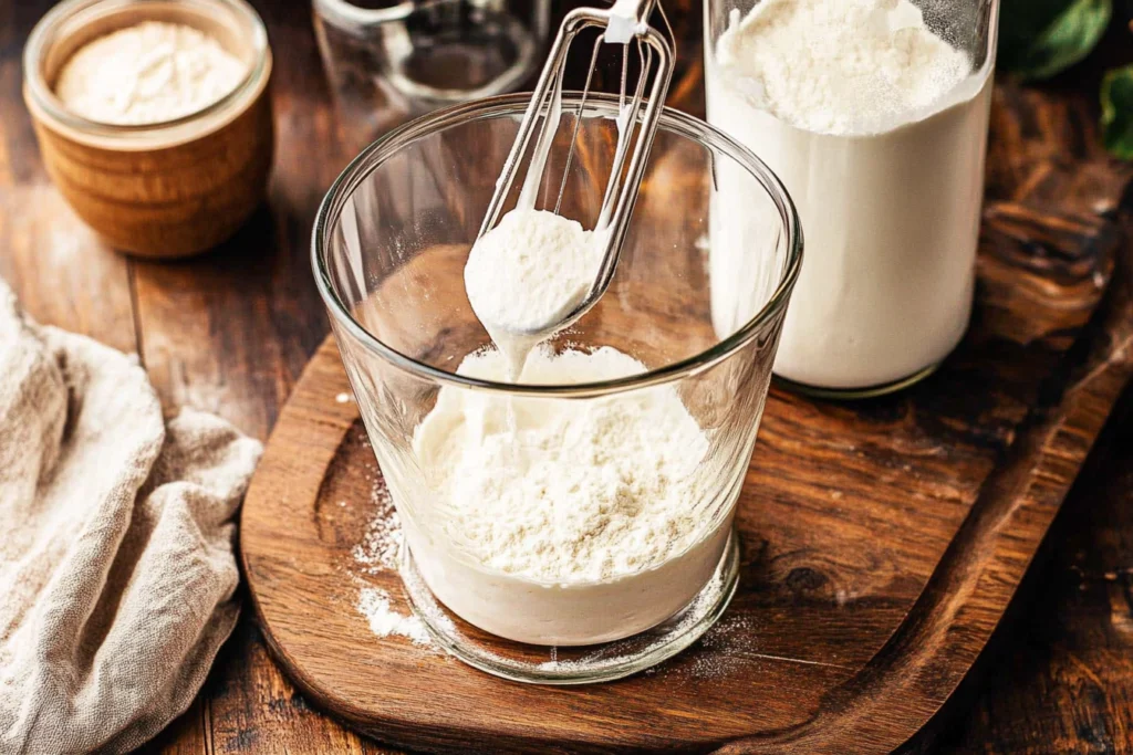 An image of baking ingredients on a countertop, including cream of tartar, baking soda, 1