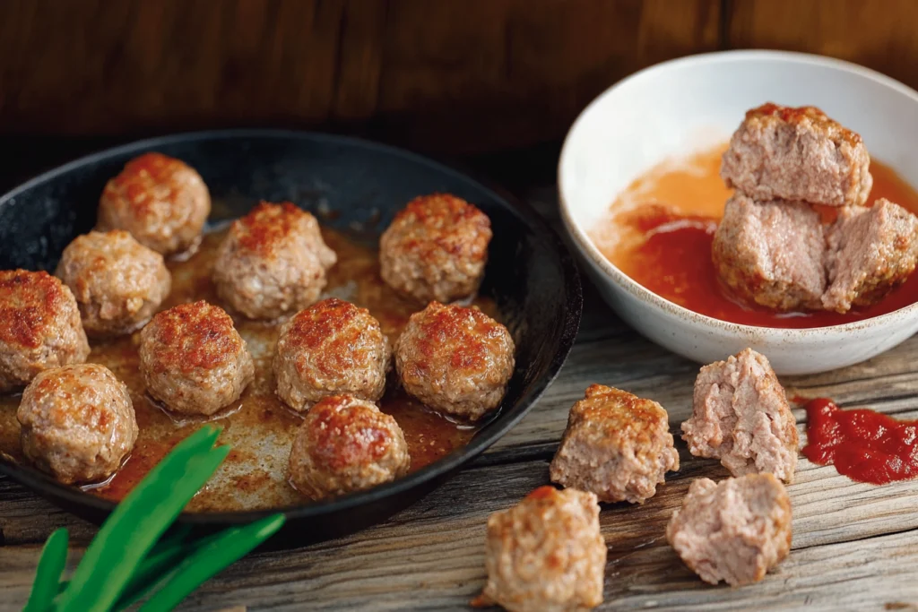 A visually appealing comparison of meatballs and meatloaf. On the left, a plate of perfectly round, golden-brown meatballs garnished with fresh parsley, served alongside marinara sauce in a small bowl