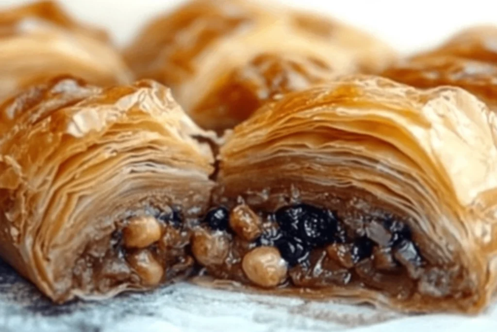 "A close-up image of Greek baklava, showcasing its golden, flaky phyllo layers, chopped nut filling, and glossy honey syrup drizzle."2