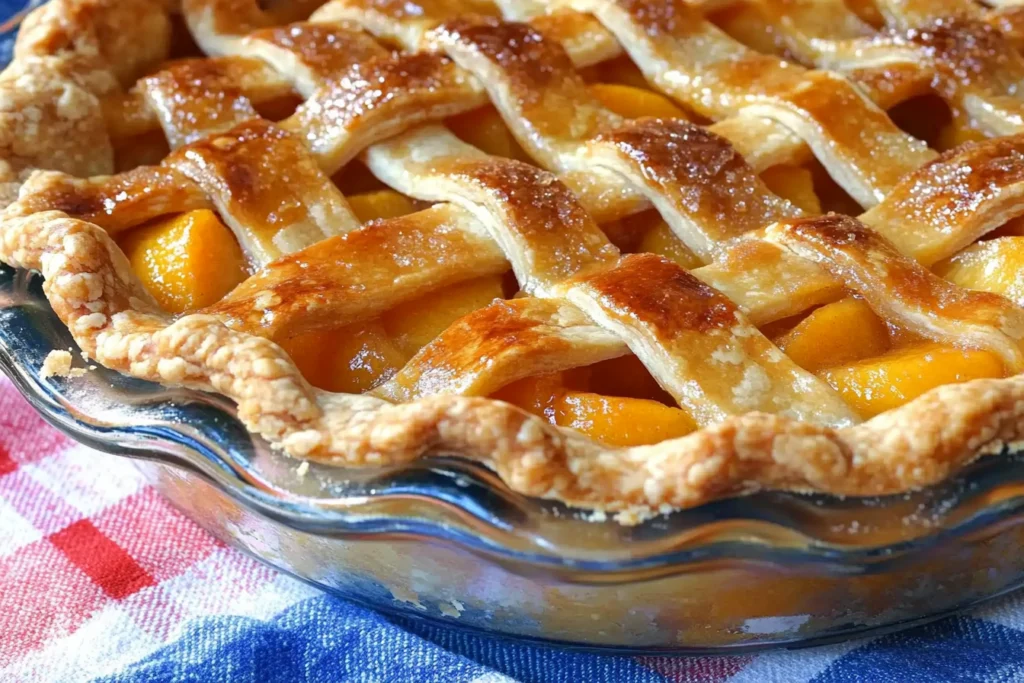 A freshly baked peach pie with a golden-brown lattice crust, served on a rustic wooden table with fresh peaches and a slice cut to reveal its perfectly set filling.