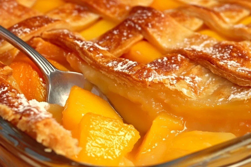 A freshly baked peach pie with a golden-brown lattice crust, served on a rustic wooden table with fresh peaches 
