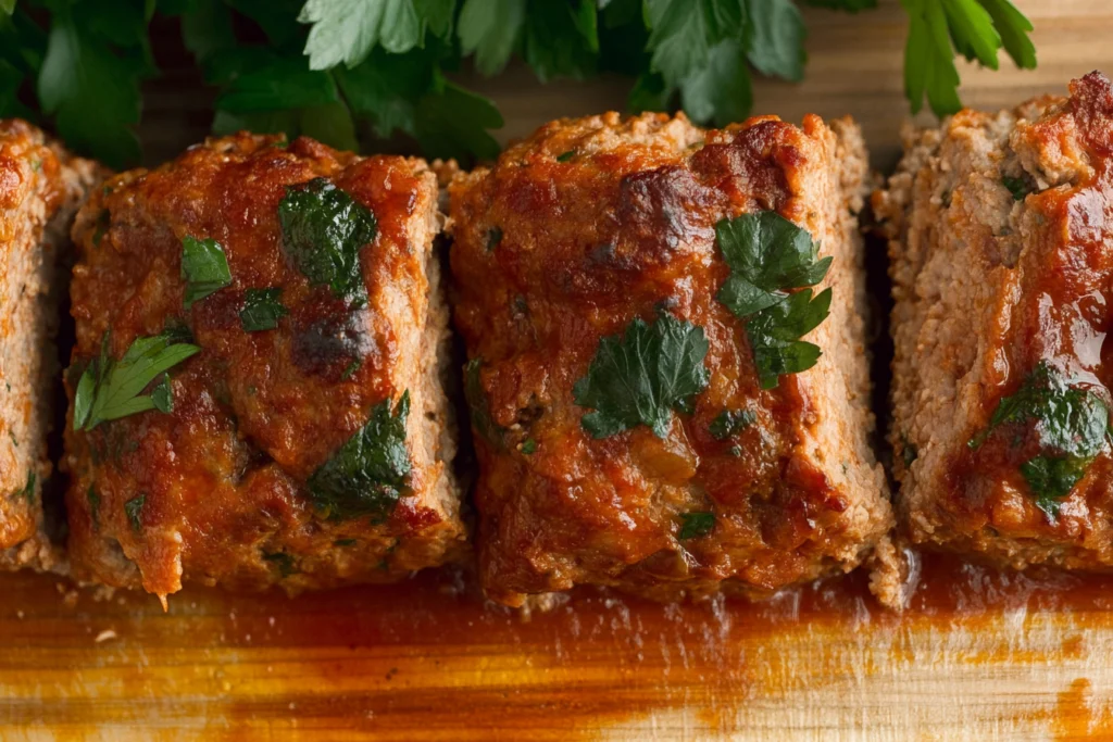 A delicious Italian meatloaf topped with golden melted mozzarella and a rich marinara sauce, garnished with fresh basil leaves. 3