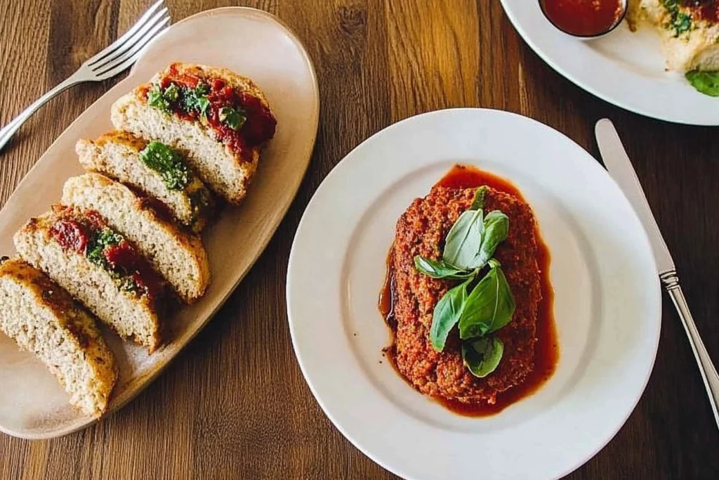 A delicious Italian meatloaf topped with golden melted mozzarella and a rich marinara sauce, garnished with fresh basil leaves. 2