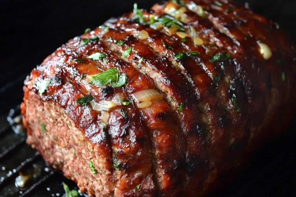 A delicious Italian meatloaf topped with golden melted mozzarella and a rich marinara sauce, garnished with fresh basil leaves.