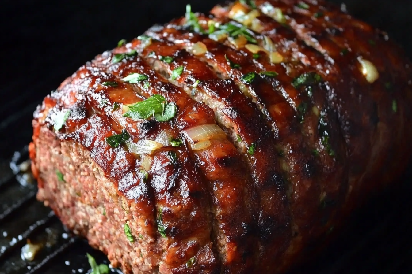 A delicious Italian meatloaf topped with golden melted mozzarella and a rich marinara sauce, garnished with fresh basil leaves.