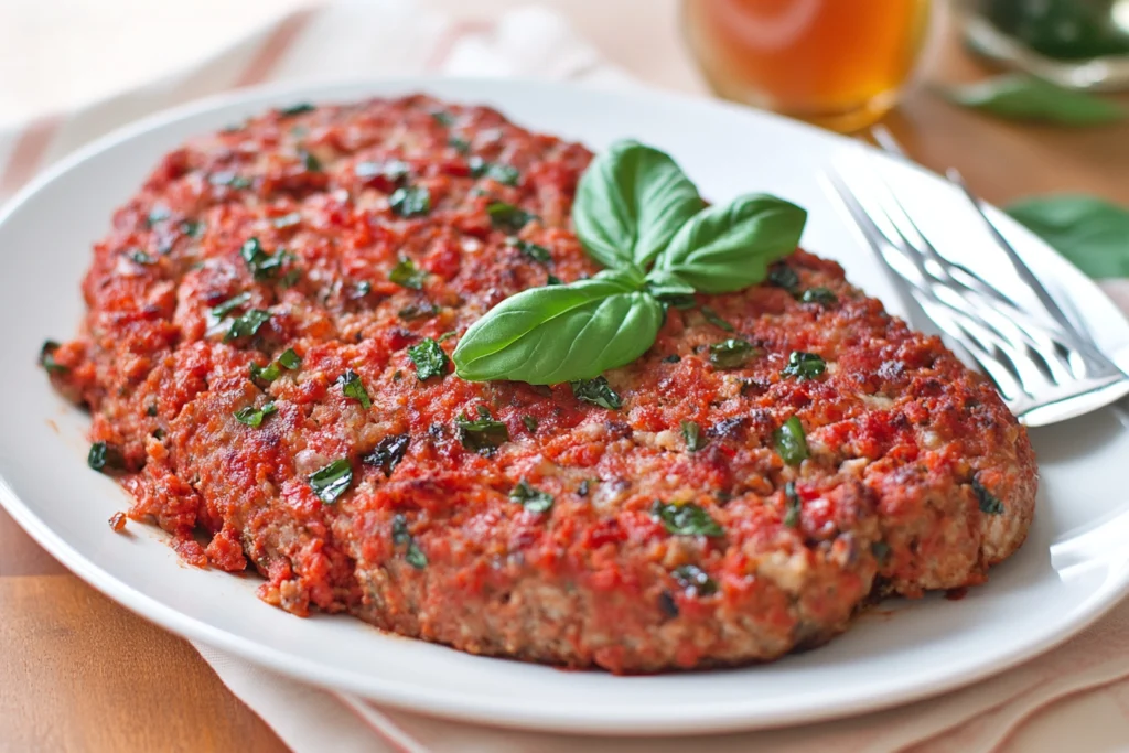 A beautifully presented Italian-style meatloaf, garnished with fresh parsley and surrounded by roasted cherry tomatoes.3