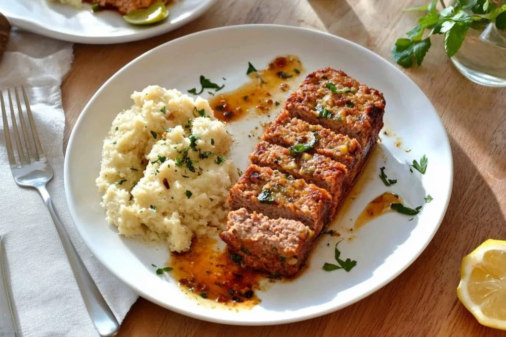 A beautifully presented Italian-style meatloaf, garnished with fresh parsley and surrounded by roasted cherry tomatoes.2