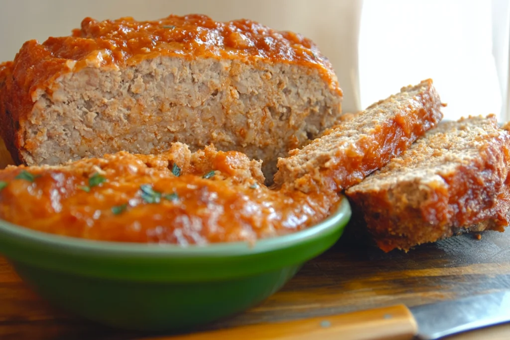 freshly baked Italian meatloaf, glazed with a rich tomato sauce, garnished with fresh basil leaves2