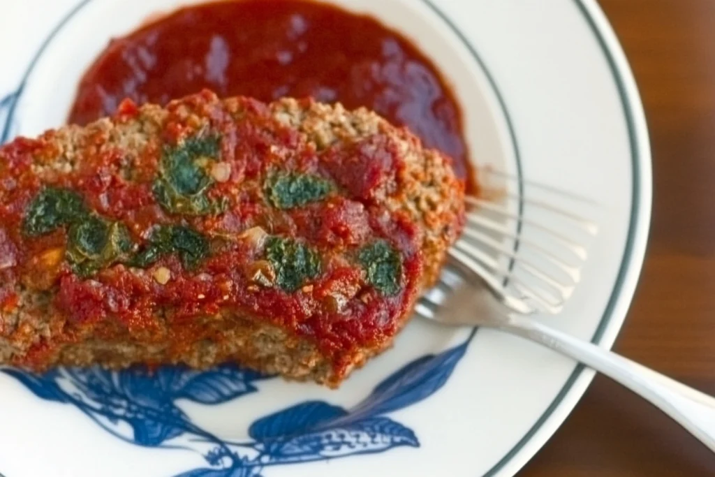 freshly baked Italian meatloaf, glazed with a rich tomato sauce, garnished with fresh basil leaves3