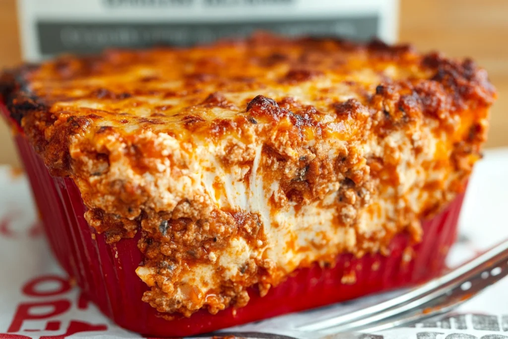 Golden, bubbly oven-ready lasagna layered with sauce, cheese, and pasta, garnished with fresh parsley.3