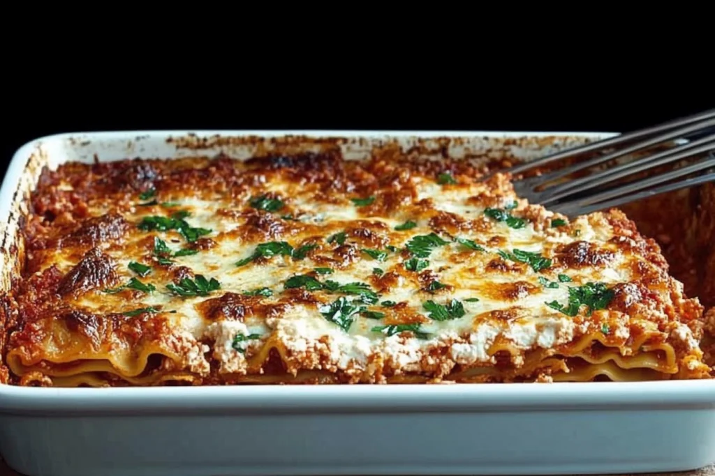 Golden, bubbly oven-ready lasagna layered with sauce, cheese, and pasta, garnished with fresh parsley.1
