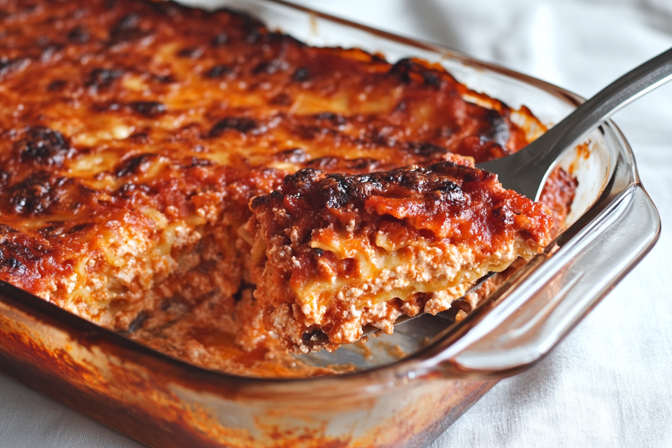 Golden, bubbly oven-ready lasagna layered with sauce, cheese, and pasta, garnished with fresh parsley.
