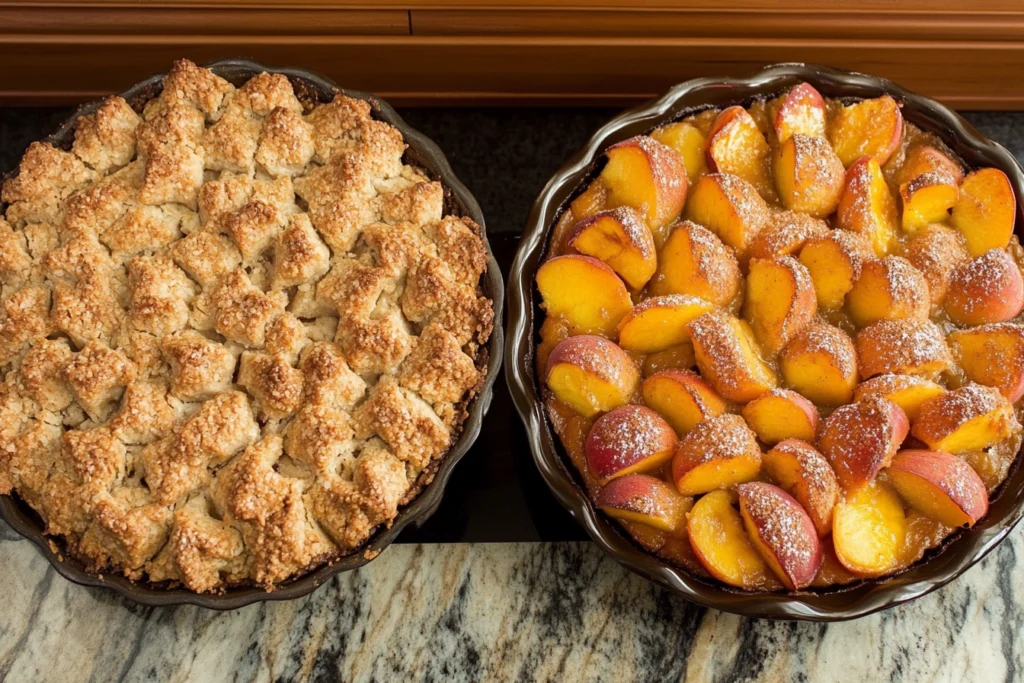 "Side-by-side comparison of a peach pie with a flaky, golden double crust and a peach cobbler with a biscuit-style topping,1