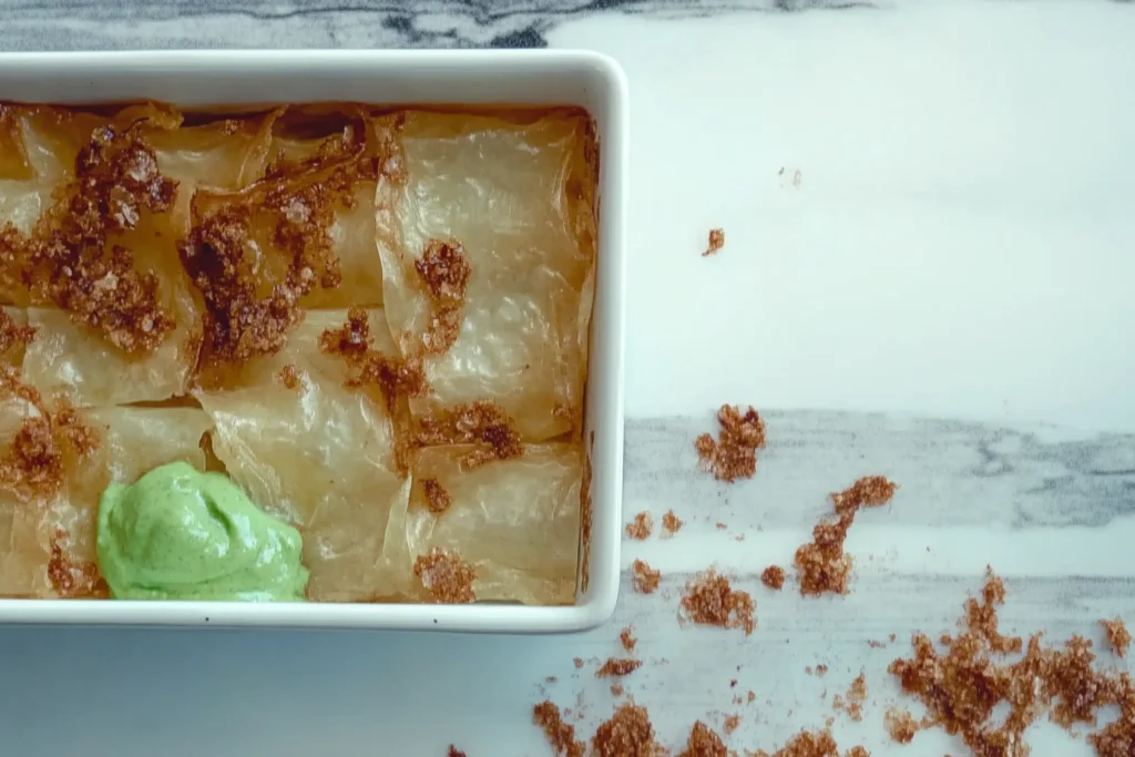 Close-up of a golden, crispy baklava slice layered with flaky phyllo dough, finely chopped nuts, and glistening with a light syrup glaze,1