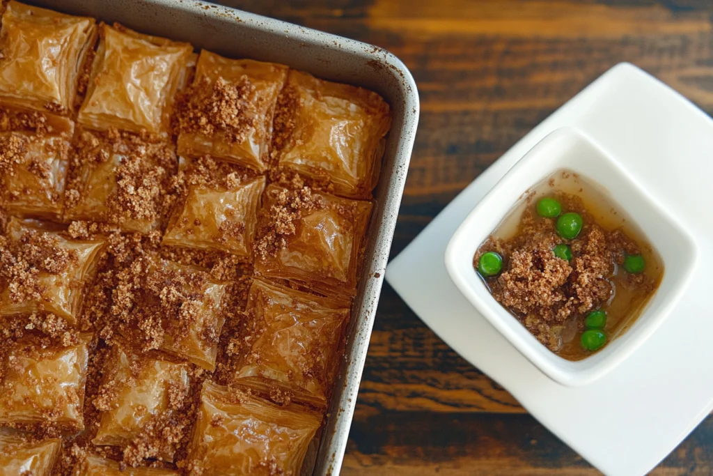Close-up of a golden, crispy baklava slice layered with flaky phyllo dough, finely chopped nuts, and glistening with a light syrup glaze,