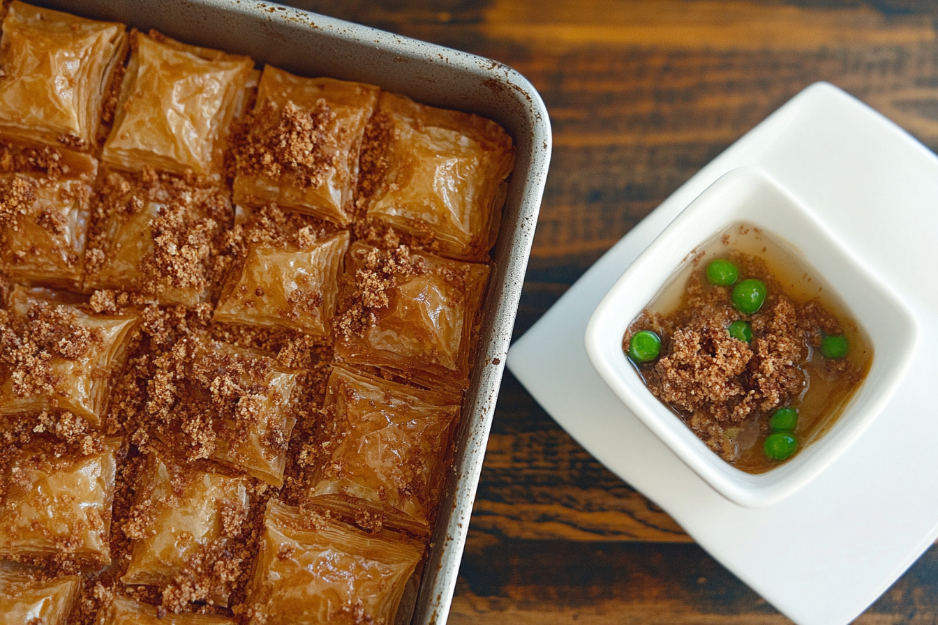 Close-up of a golden, crispy baklava slice layered with flaky phyllo dough, finely chopped nuts, and glistening with a light syrup glaze,