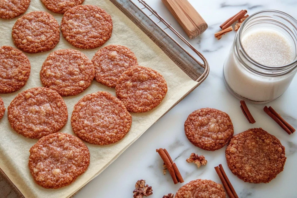 A visual representation of cream of tartar next to freshly baked snickerdoodles, highlighting its role in achieving the cookies' tangy flavor and soft texture."