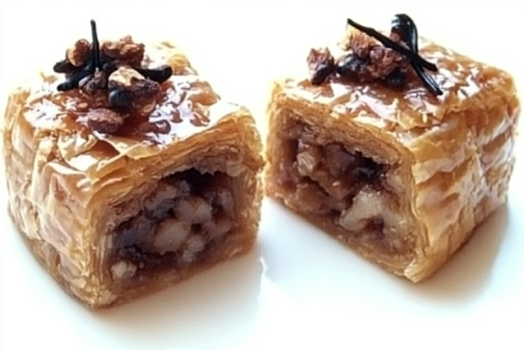 A close-up of Greek baklava showcasing its golden, flaky phyllo layers, rich walnut filling,3