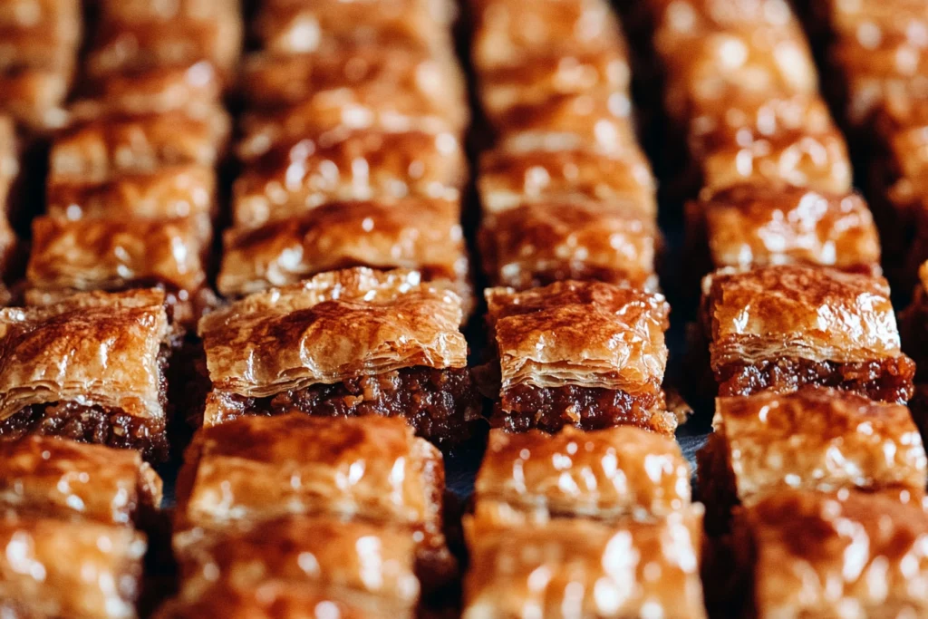 Close-up of a golden, crispy baklava slice layered with flaky phyllo dough, finely chopped nuts, and glistening with a light syrup glaze,2