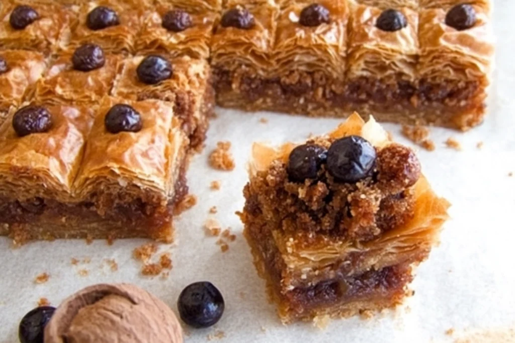 A close-up of Greek baklava showcasing its golden, flaky phyllo layers, rich walnut filling,1
