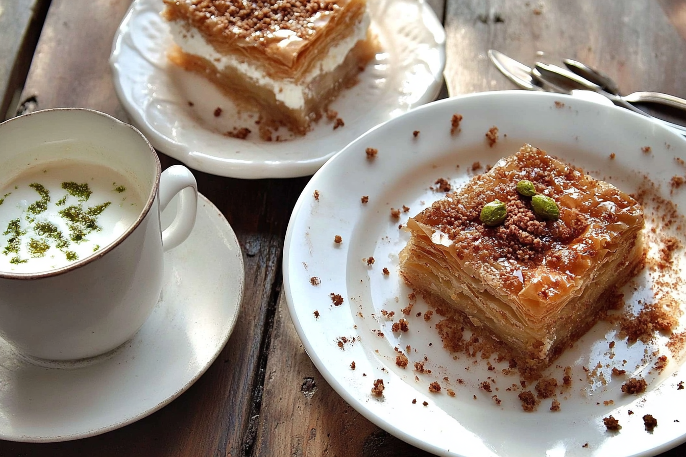 A close-up of Greek baklava showcasing its golden, flaky phyllo layers, rich walnut filling,