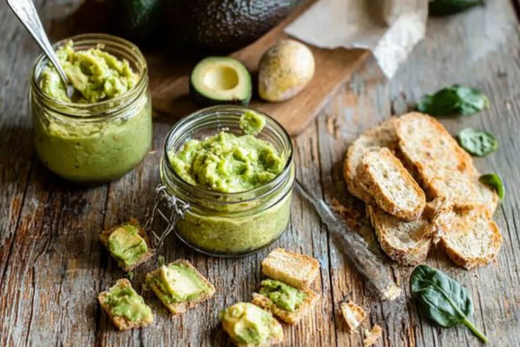  A bowl of creamy avocado spread garnished with fresh herbs, surrounded by slices of whole-grain bread and colorful vegetables2