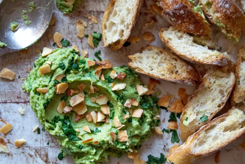 "Freshly prepared avocado spread served in a rustic wooden bowl, garnished with sesame seeds, microgreens, and a drizzle of olive oil, surrounded by toasted bread slices and vibrant fresh vegetables."