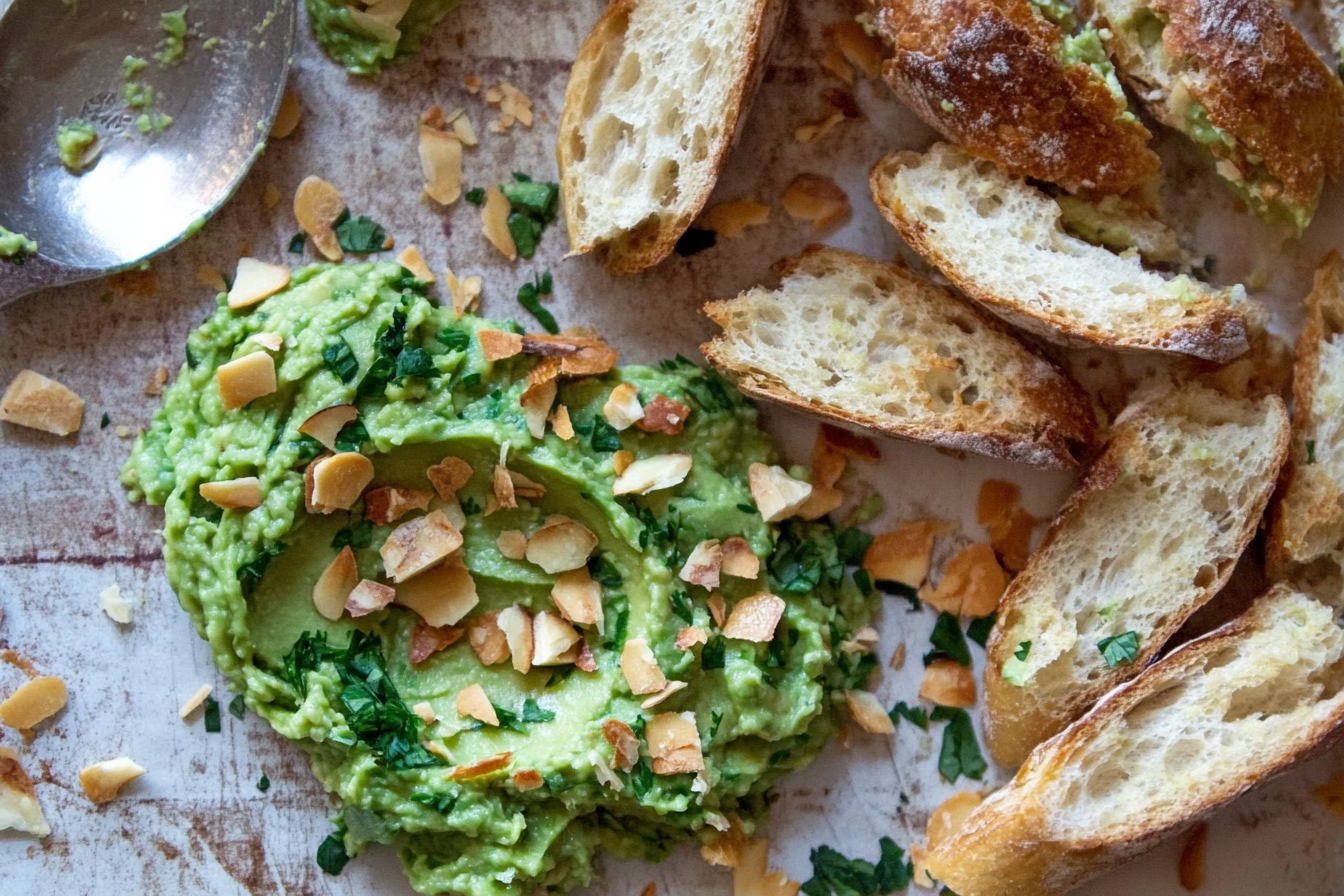 "Freshly prepared avocado spread served in a rustic wooden bowl, garnished with sesame seeds, microgreens, and a drizzle of olive oil, surrounded by toasted bread slices and vibrant fresh vegetables."