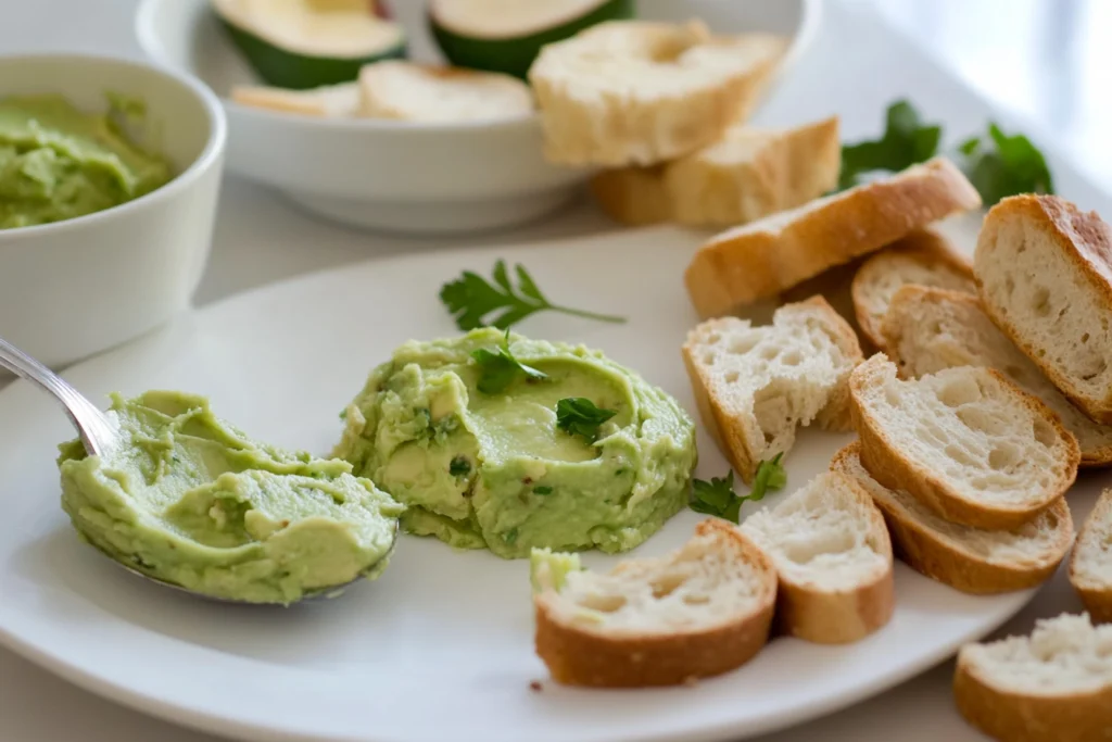 Freshly prepared avocado spread served in a rustic wooden bowl, garnished with sesame seeds, microgreens, and a drizzle of olive oil, surrounded by toasted bread slices and vibrant fresh vegetables."






1