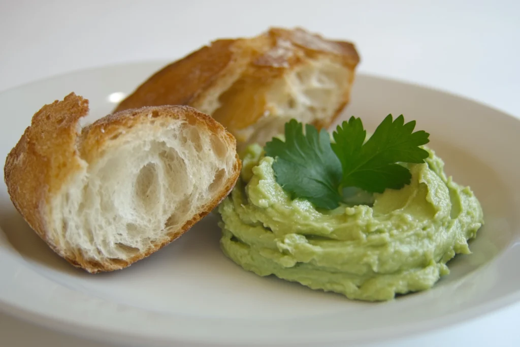 A vibrant plate featuring a slice of toasted sourdough bread generously spread with creamy mashed avocado. 1